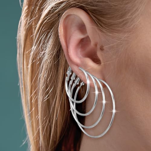 5 Pairs Large Thin Silver Hoop Earrings, Hypo-allergenic Thin Silver Hoop Earrings Set, Lightweight Big Loop Earring Stainless Steel Earings 30/40/50/60/70 mm3