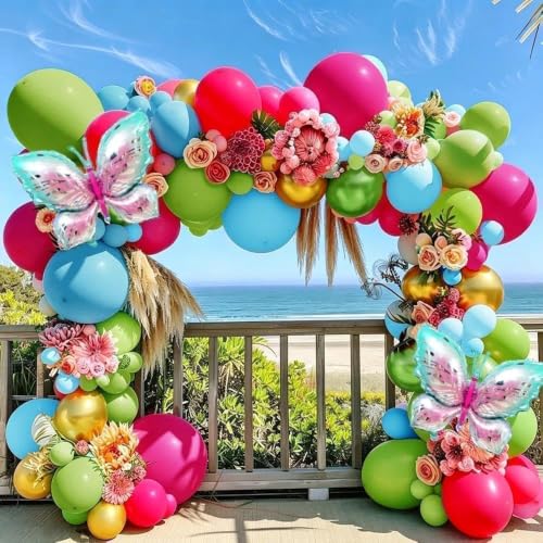Image of Summer Balloon Arch Double Stuffed Latex Hot Pink Blue Green Gold Balloons with Pastel Butterfly Foil Balloon Garland for Tropical Flamingo Beach Hawaiian Luau Aloha Birthday Baby Shower Party Decor