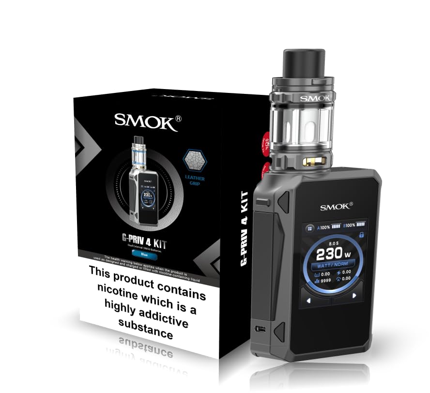 SMOK G-PRIV 4 230W Starter Kit - 2ml TFV18 Mini Tank, Dual 18650 (Sold Separately), 2.0-Inch Touchscreen, Button-Locked Top-Fill, 0.33 & 0.15 Ohm Coils Included, No Nicotine No Liquid (Blue Leather)