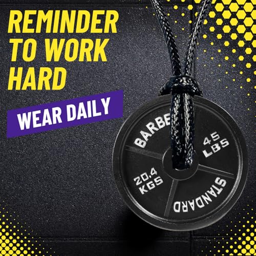 Gym Gifts for Men and Women: Black 45 lb Plate Necklace, Adjustable Cotton Rope Cord, Motivational Gym Rat Gifts for Women, Stylish 1.5in Diameter Motivation4