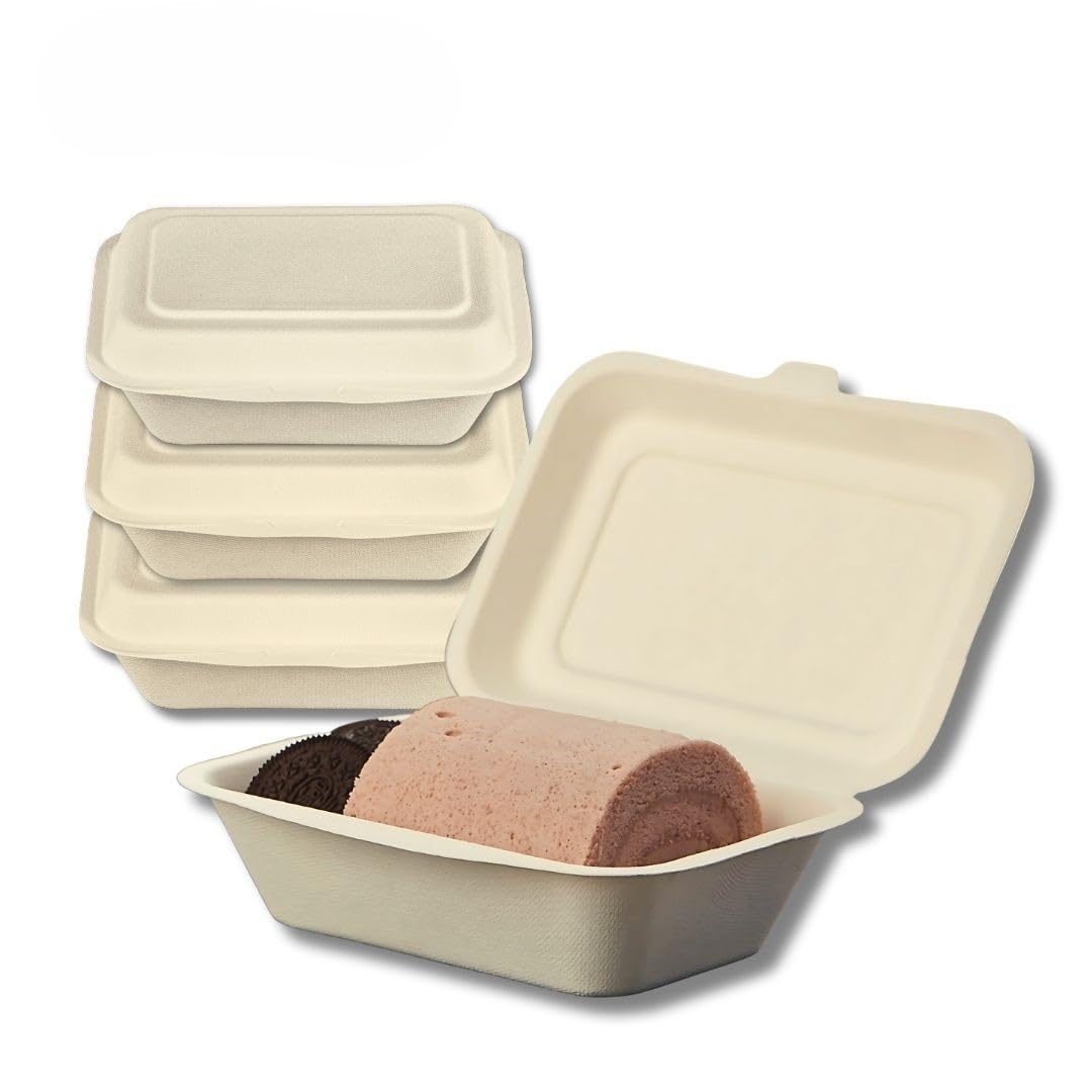 Caneeco 50-Pack Bagasse Sugarcane Takeaway Boxes – 7"x5" Clamshell Containers, PFAS Free, TUV Home Compostable Certified Food Boxes for Hot & Cold Meals, Restaurants, Parties & Catering