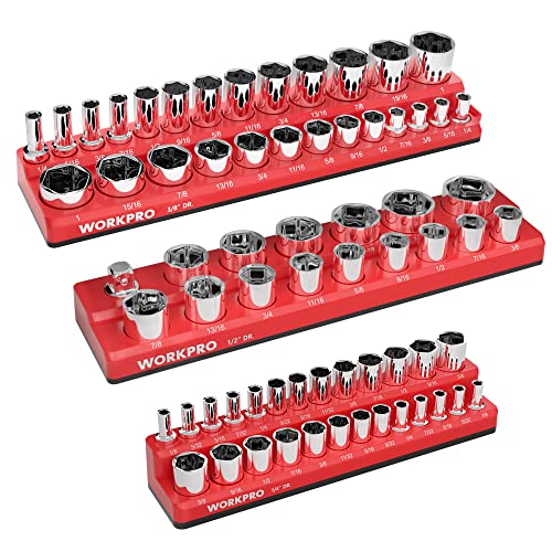 Image of WORKPRO Magnetic Socket Organizer Set, 3-Piece Sockets Holder Set Includes 1 /4 inch, 3 /8 inch and 1 /2 inch Drive SAE Socket Trays, Holds 68 Pieces Standard Size and Deep Size Sockets(Socket not Included)
