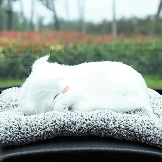 Image of Eminent Cute Sleeping Cat on Carpet Silicone Animal Toy for Meow Sound, Gift for Kids Car Dashboard Accessories (White Sleeping Cat)
