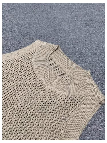 Image of SweatyRocks Women's Hollow Out Sleeveless Knit Top Crewneck Split Sweater Vest Khaki X-Large