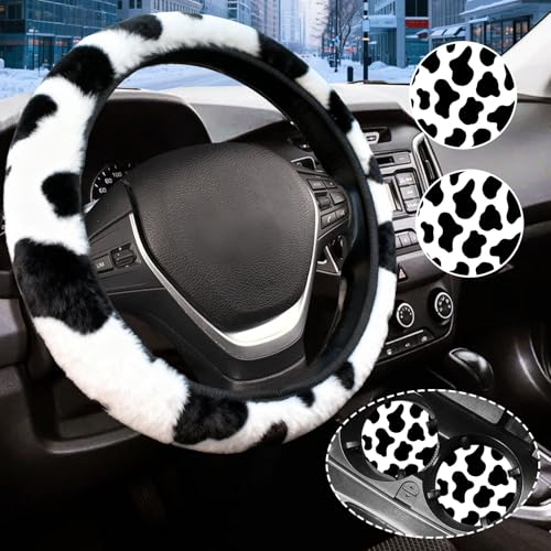Black and White Cow Print Fuzzy Steering Wheel Cover for Women Universal Auto Steering Wheel 14-15 Inch Soft Warm Car Interior Accessories with 2PCS Car Coasters Suitable for Men and Women