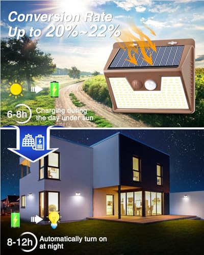 Image of Peasur Solar Lights Outdoor Motion Sensor [1 Pack /140LED /Brown], Ultra-Bright 3 Mode Fence Security Light Waterproof, Solar Wall Lighting for Patio Yard Step House Outside
