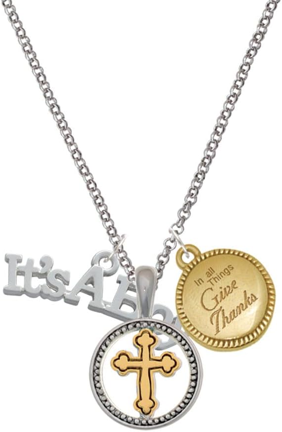 Delight Jewelry Silvertone Large New Baby Gender Reveal Two-tone Give Thanks to God Cross Pendant Necklace, 23"
