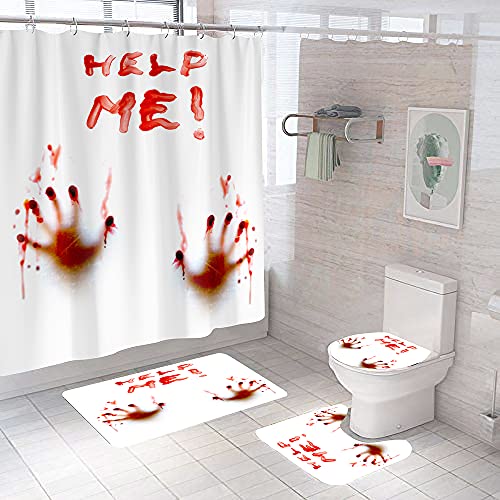 Ddqtouch 4 Pcs Halloween Horror Bloody Hands Shower Curtain Set, Scary Halloween Blood Hands Help Me Shower Curtain Bathroom Decor Set With 12 Hooks (Help Me) #TOP5