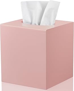 Pink Tissue Box Cover Square - Wood Tissue Box Holder for Tabletop Night Stands Bathroom Office - Decorative Facial Cube Tissue Box Dispenser