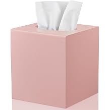 Pink Tissue Box Cover Square - Wood Tissue Box Holder for Tabletop Night Stands Bathroom Office - Decorative Facial Cube Tissue Box Dispenser