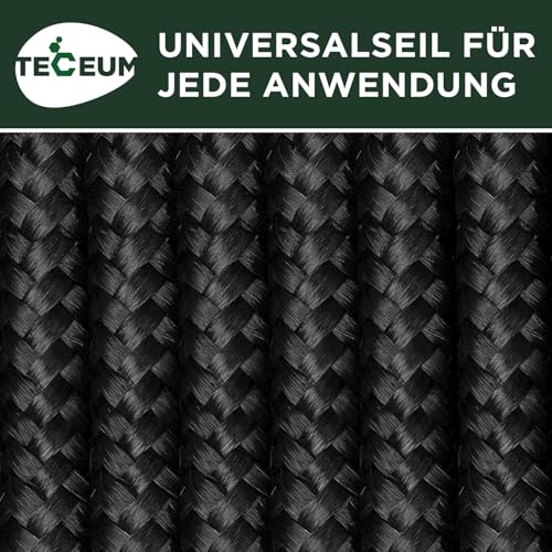TECEUM Seil - 7 MM & 10 MM - 27.5M | 46M - Starkes Allzweckseil - Camping, Basteln, Fahnenmast, drinnen & draußen - Polypropylen Nylon Poly leichtes Diamant geflochtenes Seil - Schwarz