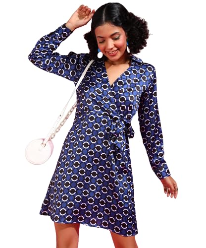 Image of POPWINGS Women Casual Blue & Black Dot Circle Print Satin Dress Dress | Stylish Dress | Trendy Dress