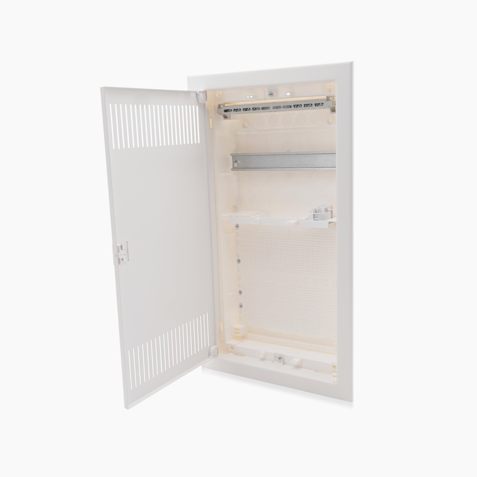 Intratec boîtier multimédia et tableau de distribution combiné encastré, IP30, 592 x 346 x 92 mm, 1 rangée, 12+2 modules, porte en acier blanc RAL 9003, répartiteur de communication