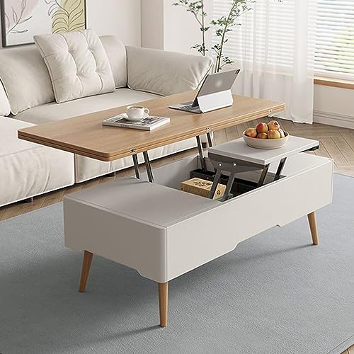 Tavolino Da Soggiorno Sollevabile Httxyp - Ripiano Elevabile, Bianco, 104.5x49.5x49-62 Cm, Con Scomparti