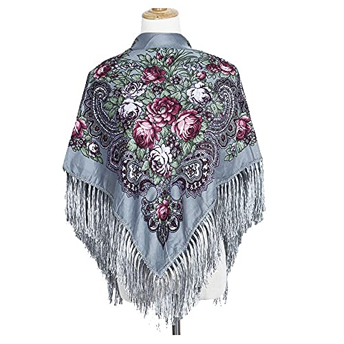 Traditional Scarf Wrap Tassel Shawl,Russian National Square Scarf for Women, Retro Scarf Floral Printing Shawl(Grey)