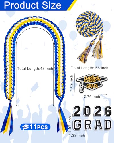 Image of Yigney Graduation Lei Set Class of 2026 Grad Ribbon Leis with Honor Cord Double Braided Graduate Leis for Men Women (1, Blue Gold White)