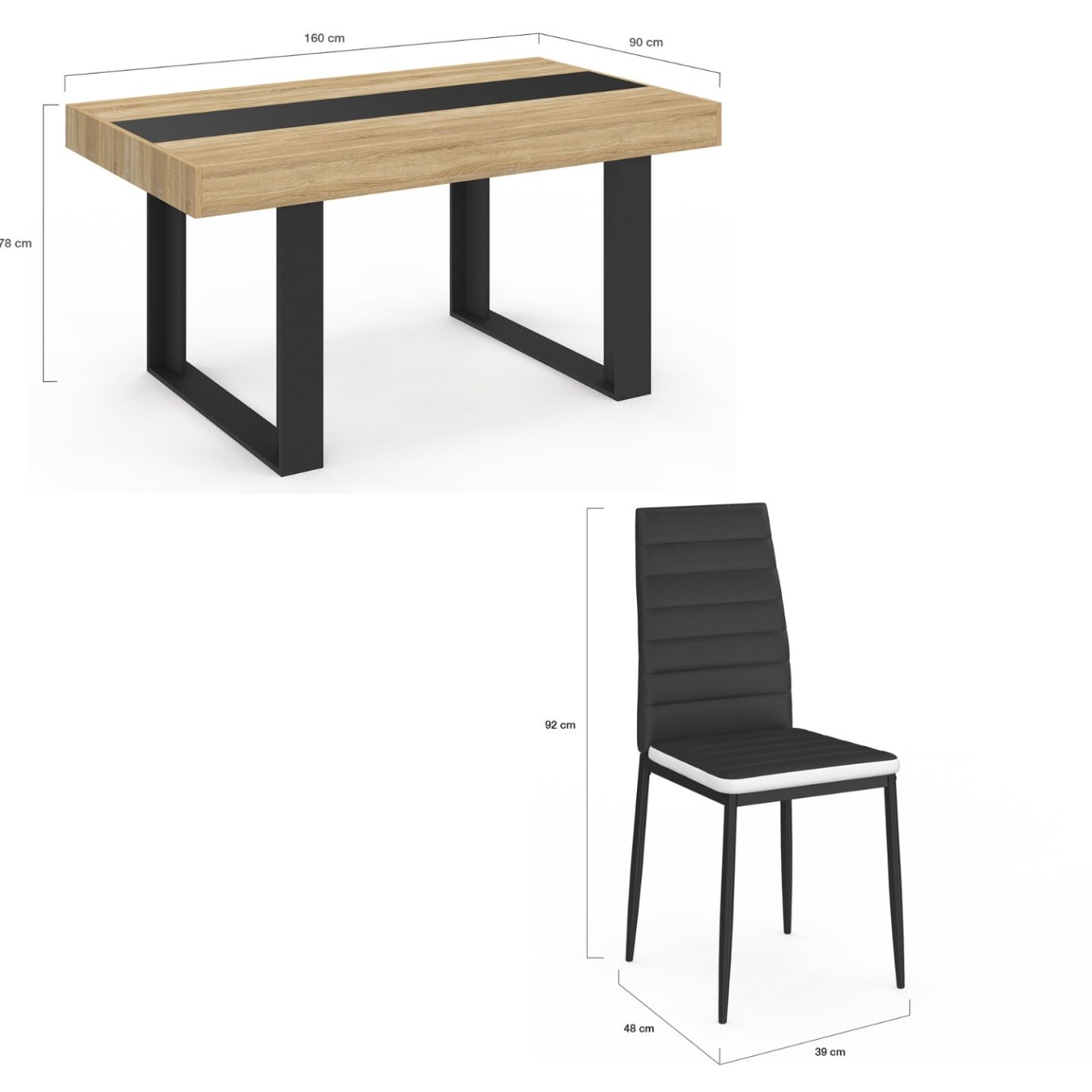 IDMarket - Juego de mesa de comedor rectangular Phoenix en madera y franja central negra de 160 cm y 6 sillas Novelas negro blanco medio