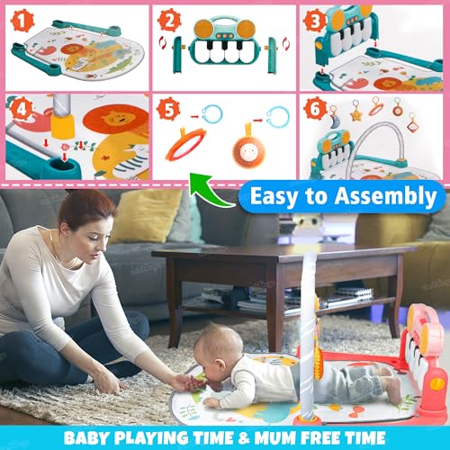 Image of Zest 4 Toyz Bluetooth Baby Play Mat for Babies Play Gym Floor Mat for Kids with Hanging Rattles Lights & Bluetooth Piano Keyboard Kick and Play Bed Piano for New Born Baby Gifts (Pink)