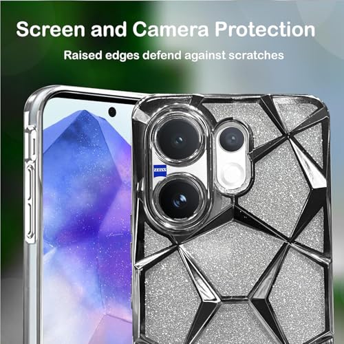 Image of VONZEE Gradient Glitter Case for VIVO V60, Luxury Electroplated 3D Cube, Diamond Bling Shiny Soft TPU Clear Shockproof Women Girls Protective Phone Cover (Silver)