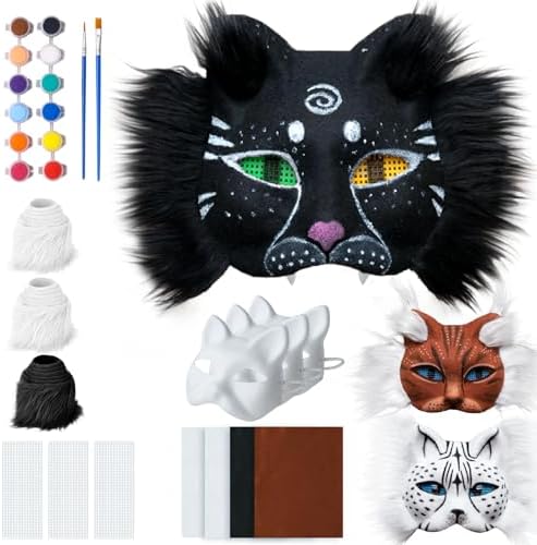Therian Mask Kit – 3 Cat Masks Base, 4 Colored Felts, 3 Eye Mesh Pieces & 12 Paints, DIY Animal Fox Mask Craft Kit for Kids & Adults, Furry Masks for Painting, Fun Halloween Party Favor