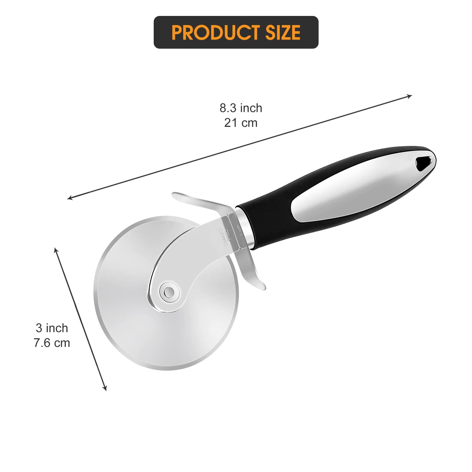Rueda Cortador Pizza de Acero Inoxidable, Corta Pizza Multifuncional, Cortador de Pizza Profesional de 8.3 pulgadas con Mango Antideslizante | Negro