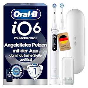 Oral-B iO Series 6 Elektrische Zahnbürste/Electric Toothbrush, 2 Aufsteckbürsten, 5 Putzmodi für Zahnpflege, Magnet-Technologie, Display & Reiseetui, Designed by Braun, white