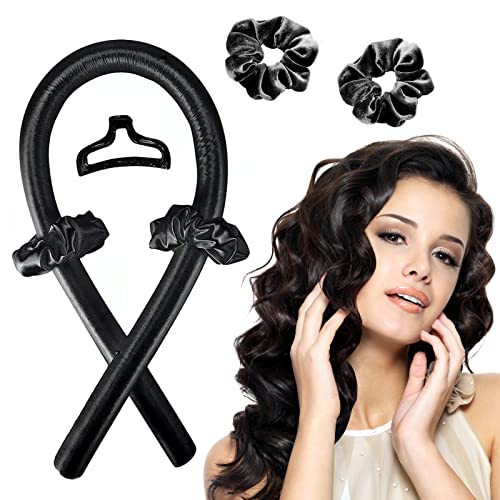 Heatless Curling Rod Headband For Long Hair To Use At Night – No Heat Silk Hair Wrap For Sleeping To Make Natural Waves - Heatless Hair Curler Made From Silk With Cotton Filling — BLACK