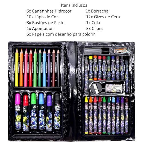 Kit Colorir Maleta Super Robôs Lápis Giz e Acessórios 48 Peças Kit de Pintura