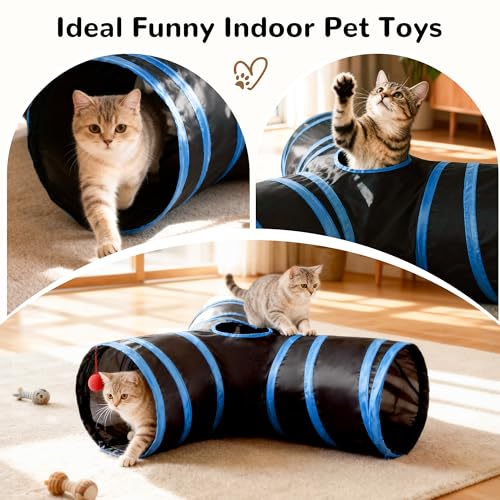Image of Tempcore Cat Tunnel for Indoor Cats, 3 Way Collapsible Pet Play Tunnel with Teaser Wand, Peek Holes & Hanging Ball, Interactive Tube for Kittens & Rabbits, Black & Royal Blue