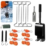 Heavy Duty Ice Anchor Drill Adapter Tool Kit, 15Pcs Stainless Steel Tent Stakes Set with 13FT Ratchet Ropes, Tent Hooks, Canvas Bag for Ice Fishing Shelter Setup(6Pcs Tent Stakes+4Pcs Rope Roller)