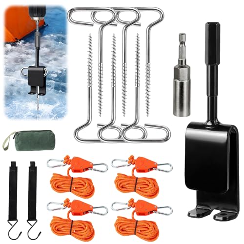 Heavy Duty Ice Anchor Drill Adapter Tool Kit, 15Pcs Stainless Steel Tent Stakes Set with 13FT Ratchet Ropes, Tent Hooks, Canvas Bag for Ice Fishing Shelter Setup(6Pcs Tent Stakes+4Pcs Rope Roller)