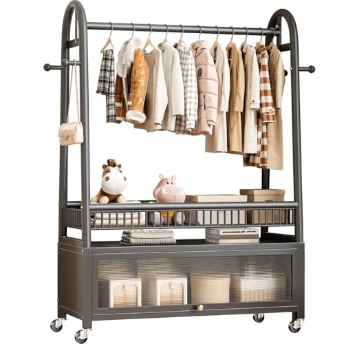 Perchero con ruedas, soporte de metal con estantes, colgador portátil para dormitorio, sala de estar, lavandería, negro, 80 cm, elegante y ahorra espacio