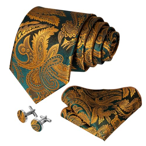 Image of 5PCS Mens Premium Silk Tie, Pocket Square, Cufflinks, Drilled Tie Ring and Lapel Pin Set for Wedding Groom Party