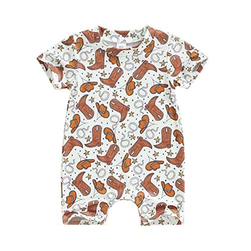 Image of Muasaaluxi Western Baby Girl Boy Clothes Short Sleeve Cow Print Romper One Piece Bodysuit Shorts Summer Outfit