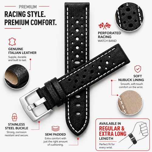 Image of Bandini Mens Leather Watch Band Strap, Vented, Racer, GT Rally, Stainless Steel Buckle, 10 Colors - 18mm, 20mm, 22mm, 24mm (Many sizes also come in Extra Long XL)