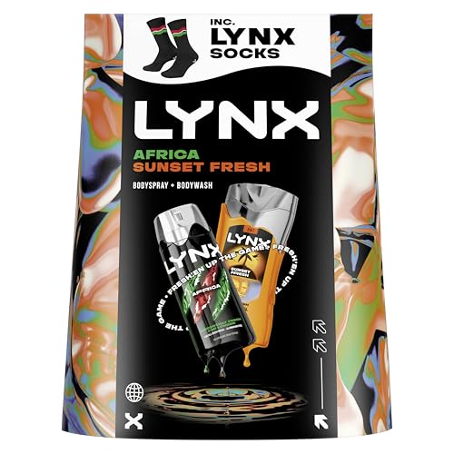 Lynx Gift Set Africa & Sunset Fresh with a body spray, a body wash and Socks perfect gifts for him 2 piece