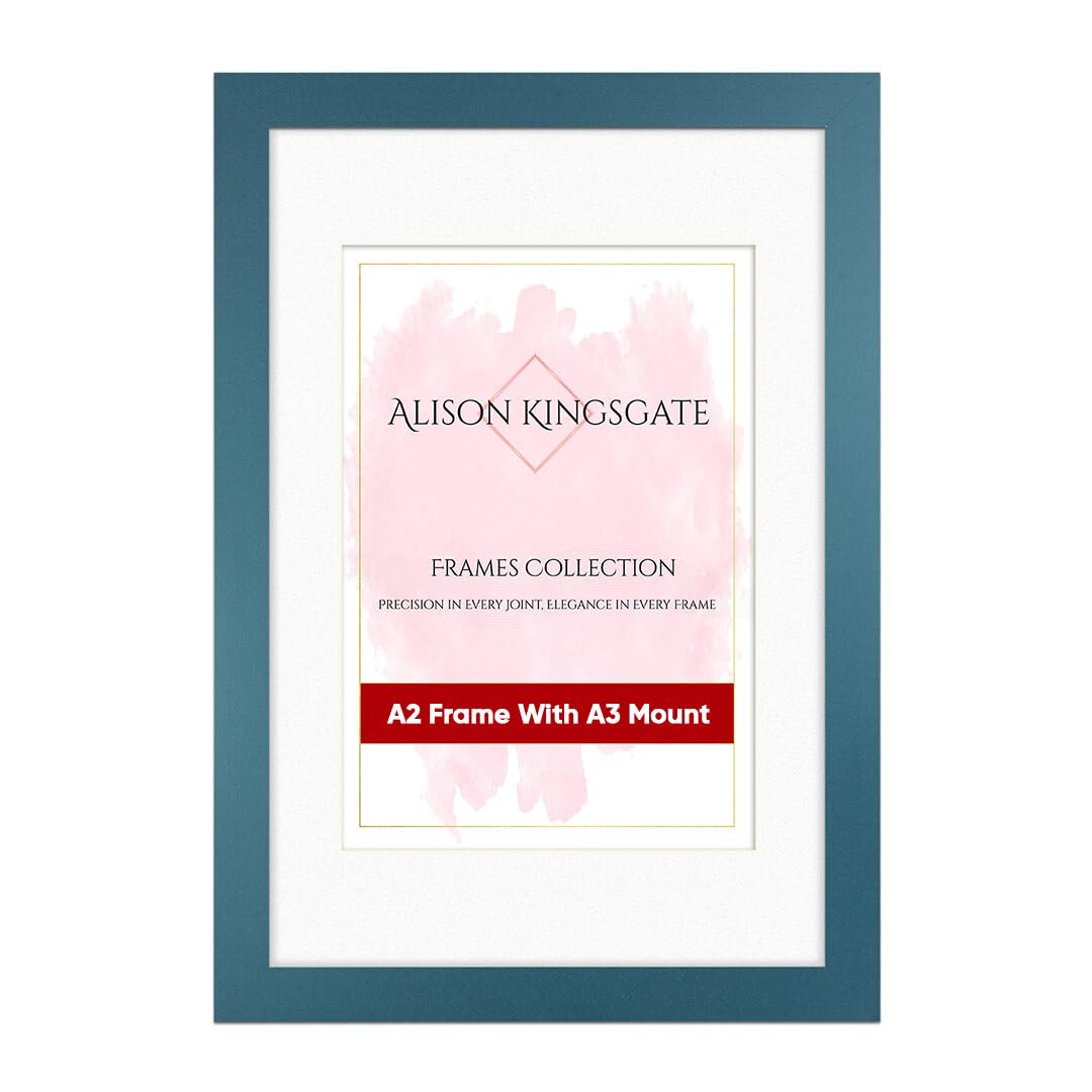 Alison Kingsgate A2 Navy Blue Picture Frame with Mount for A3 Photo - Engineered Wood Photo Frame with Precision Cut Cardboard Mount - Ideal for Posters - Sizes & Colours Available