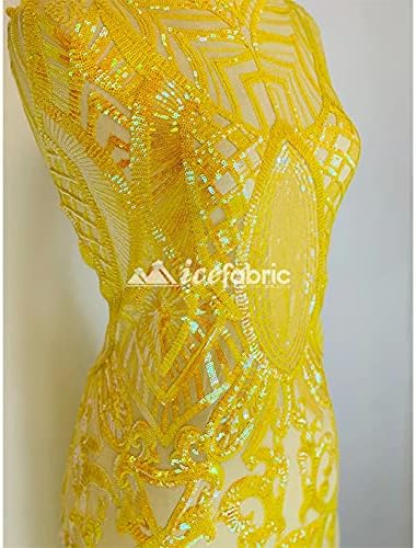Yellow Iridescent Geometric Stretch Sequin Fabric by The Yard | 4 Way Stretch Fabric Spandex Lace Fabric | on Mesh Embroidered Fabric…