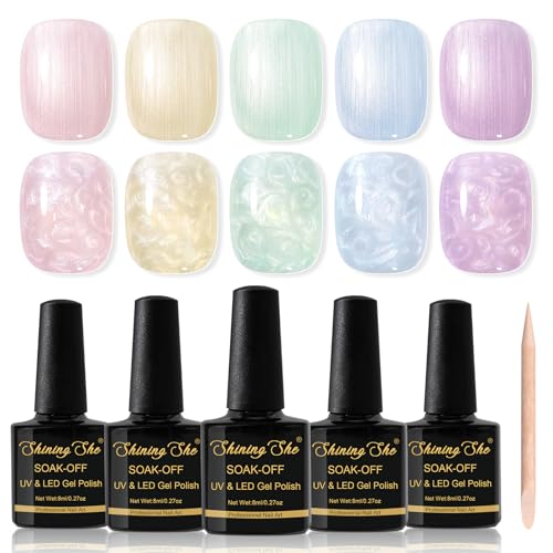 Shining She Gel Nail Polish Pearl, 5 Colors Pink White Green Blue Purple Mermaid Gel Polish Soak-Off UV/LED Nail Polish Swirl Thread Effect Nail-Art Salon DIY Home, 8ML