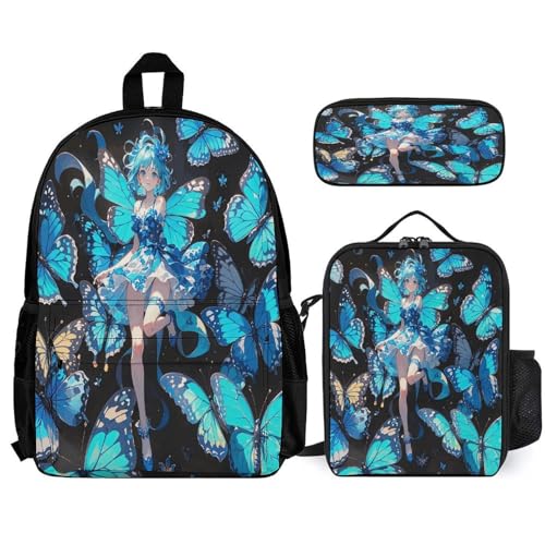 3-in-1 Backpack Combination Set Dreamcatcher Blue Butterfly Print 3Pcs Backpack Sets Travel Daypack with Lunch Bag And Cosmetic Bag
