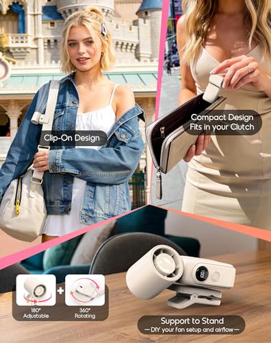Image of Portable Clip-On Mini Fan, Hands-Free, Turbo Personal Handheld Fans Rechargeable w / 4 Wind & LED Display, Pocket Size Summer Cooling Essentials for Travel /EyeLash /Beach /Concert, Gifts for Women(Ivory)