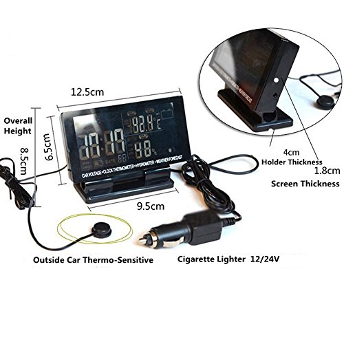Polarlander 4 In 1 Digital Car Thermometer Hygrometer 12V Dc Lcd Screen Hygrothermograph Weather Forecast Voltage Clock #TOP4