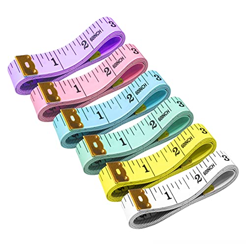 6 Pack Tape Measure Double Scale Flexible Ruler For Weight Loss Body Measurement Tailor Craft Vinyl Ruler, Has Centimetre Scale On Reverse Side 60-Inch Yellow, Pastel Pink, Blue, Green, Purple, White #TOP16