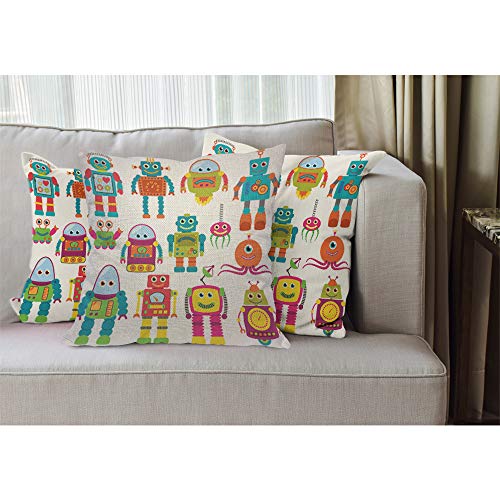Ekobla Robots Throw Pillow Cover Adorable Funky Octopus Cartoon Toy Futuristic Computer Monster Space Cozy Square Cushion Case For Men Women Boys Girls Room Home Decor Cotton Linen 18X18 Inch #TOP1