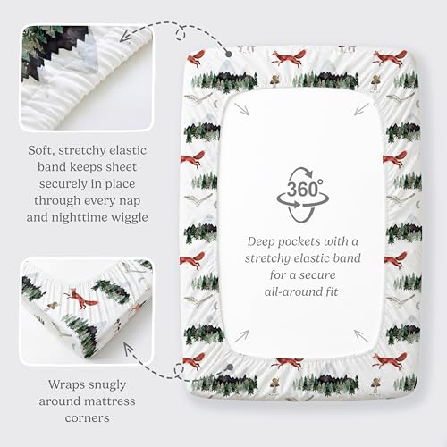Image of Pack and Play Sheets Fitted, Mini Crib Sheets for Graco Pack N Play Playard (38x26), Ultra Soft Organic Cotton Blend, Safe & Snug Playpen Mattress Sheet for Baby Boys & Girls - Starry Woodland, 2-Pack