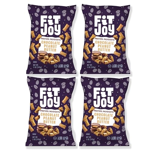 Image of FitJoy Chocolate Peanut Butter Filled Pretzel Nuggets - Grain, Dairy & Gluten Free Crunchy Snack Bites with Creamy Peanut Butter and Rich Chocolate Filling, Sweet and Salty Treat - 4 Pack, 5 Oz Bags