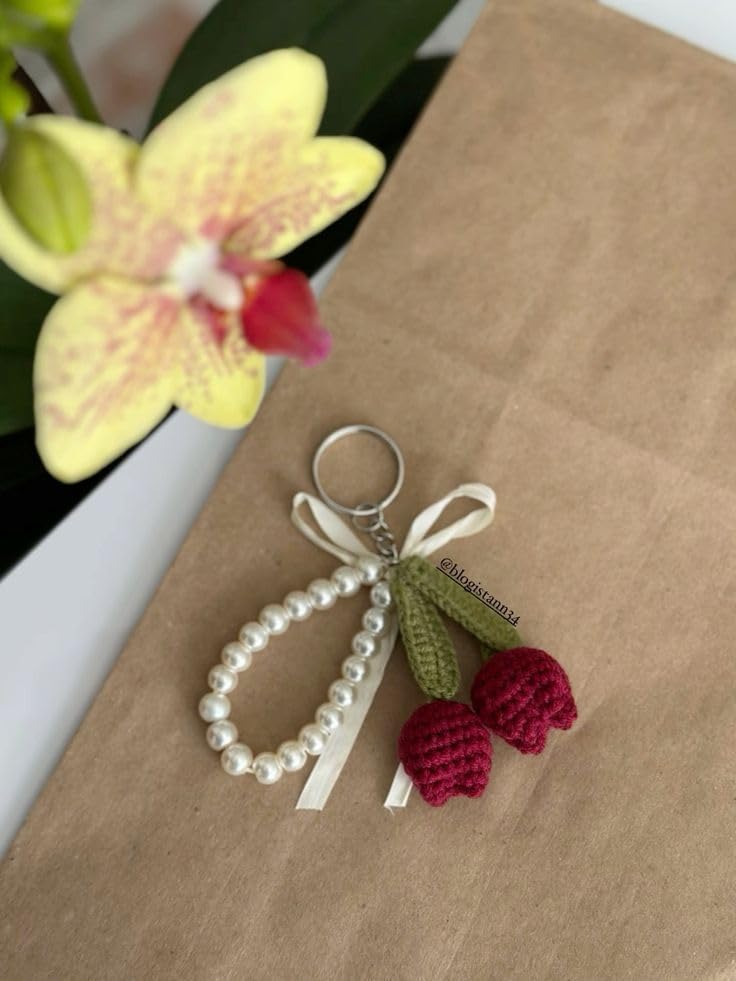 Image of Handmade Pearl Cherry Keychain, Crochet Red Tulip Design with White Beads, Premium Decorative Key Ring Accessory