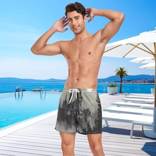 Mens Swim Trunks with Liner, Gothic Castle Night Cool Quick Dry Beach Swim Shorts, Swimwear Bathing Suits S4