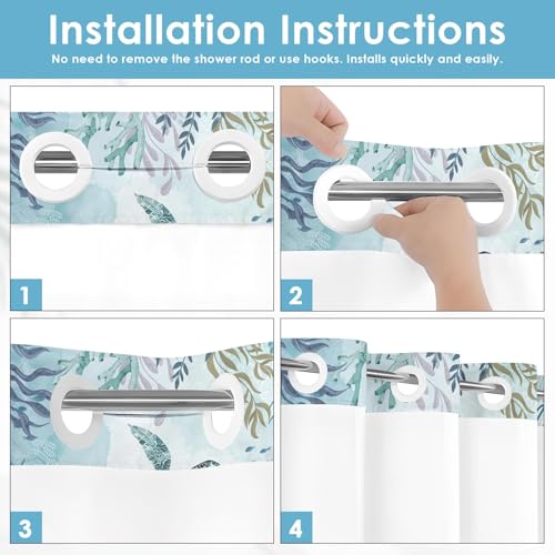 Nesphy No Hook Nautical Blue Sea Turtles Shower Curtain with Snap in Fabric Liner Set, Ocean Beach Double Layers Waterproof Fabric with See Through Top Window Open Grommet Bath Curtain 71x74 Inch by Nesphy - Used condition - Image 2