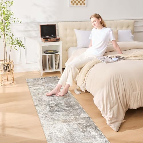 2X8 Washable Runner Rug for Hallway: Soft Neutral Modern Abstract Area Rug - Non-Slip Low Pile Long Throw Indoor Carpet for Kitchen Entryway Kitchen Bedroom Laundry- Brown Grey